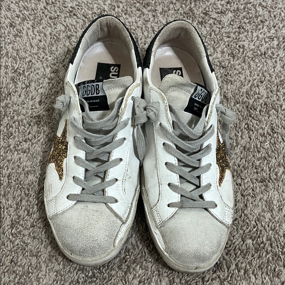 Golden Goose Super Star Black and Gold Glitter Lace Up Sneakers Size 38 - Picture 7 of 12